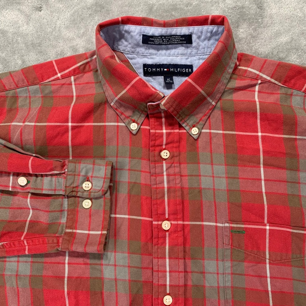 Tommy Hilfiger XL Red Green Plaid Crest Logo Shirt Preppy Y2K Classic Holiday